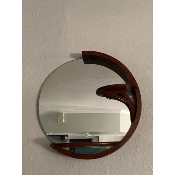 Vintage Wall Mirror 12" Diam Wooden Frame W/ Shelves Art Deco MCM - Picture 2 of 5